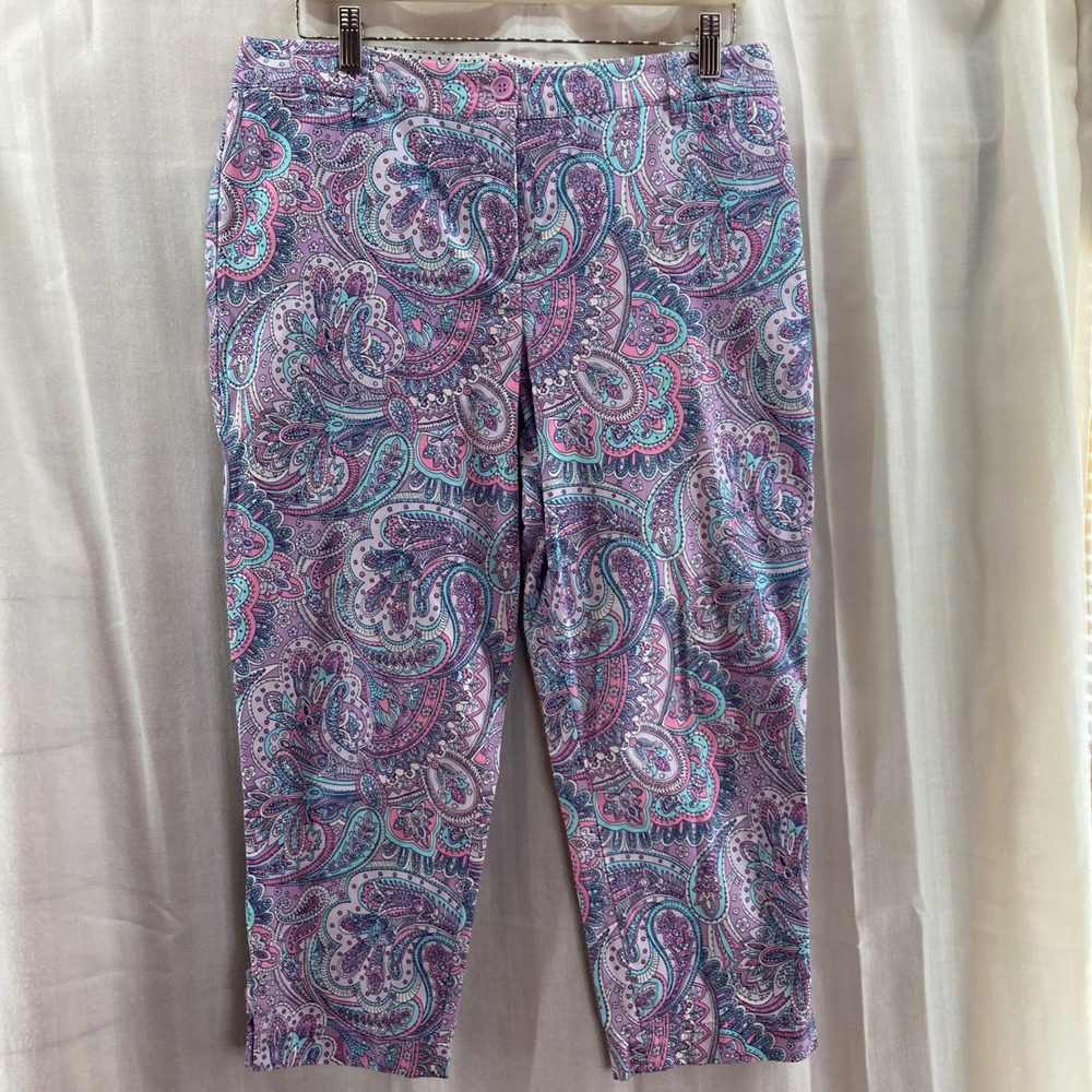 Talbots Perfect Crop Pants 10P Pink Purple Blue Paisley Print Casual